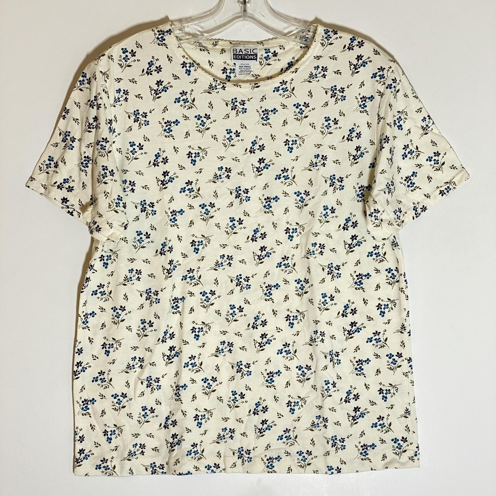 Basic Editions Shirt Womens Small Cream Blue Floral Grannycore Cottagecore‎ VTG
